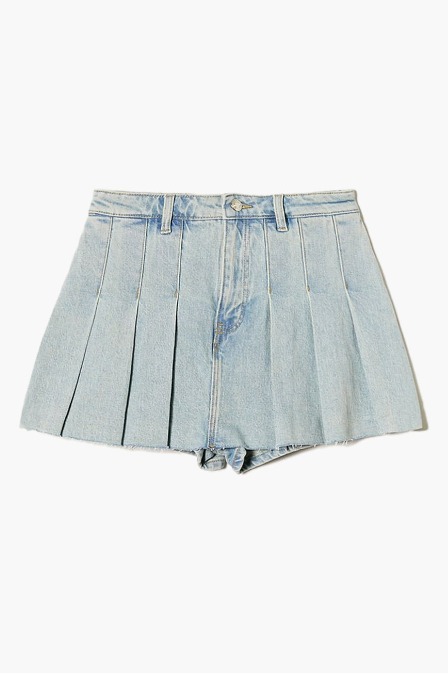 Lichtblauwe denim rok van TALLY WEIJL met plooien en een gerafelde zoom.
