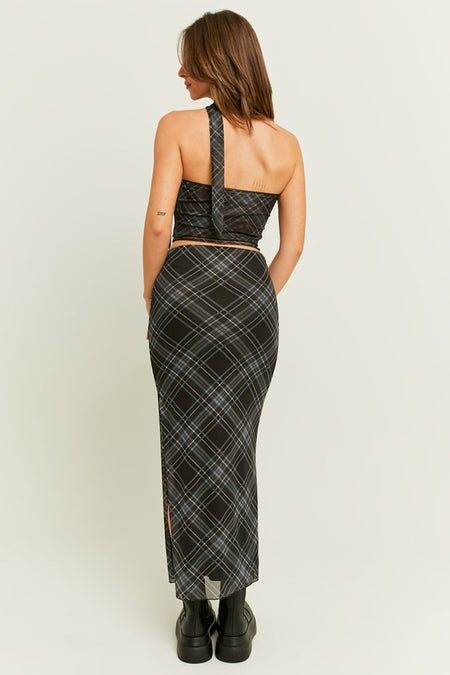 Lange grijze rok van TALLY WEIJL, met ruitjespatroon en hoge split.