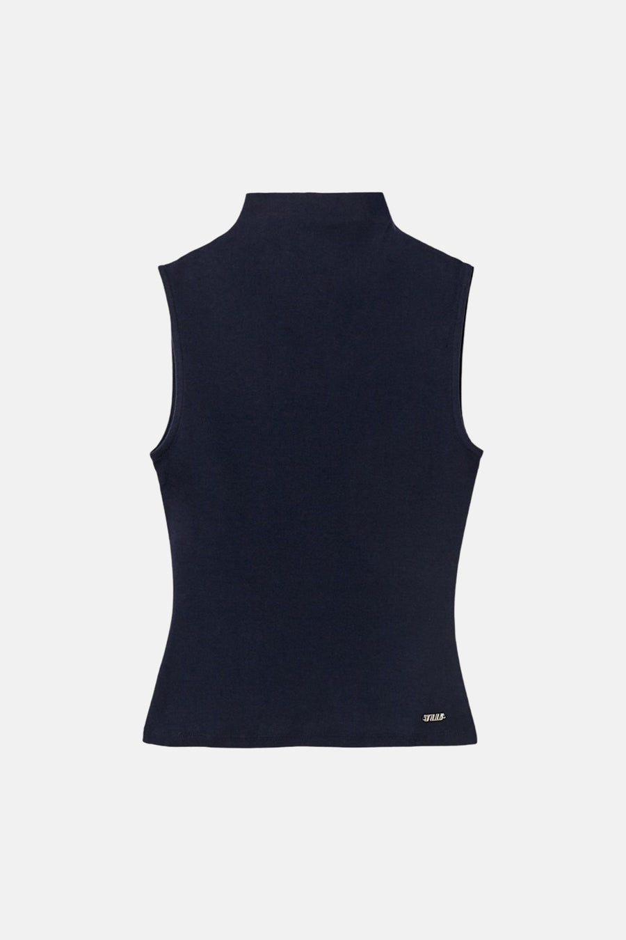 Donkerblauwe mouwloze top met opstaande kraag van TALLY WEIJL, in een strak model, van achteren gezien.