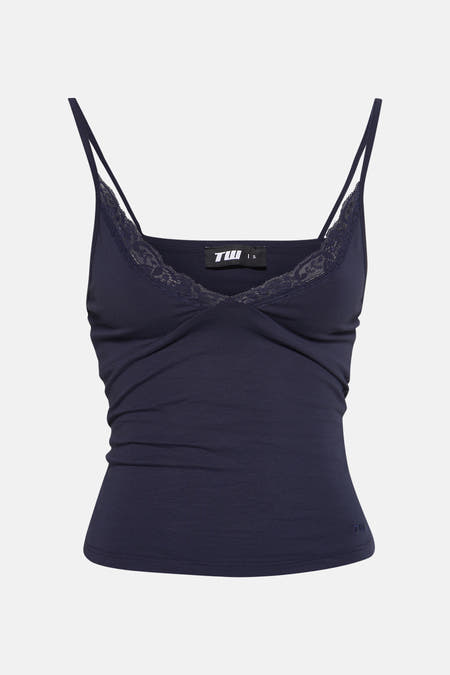 Blauwe top met spaghettibandjes van TALLY WEIJL, afgewerkt met kanten details.