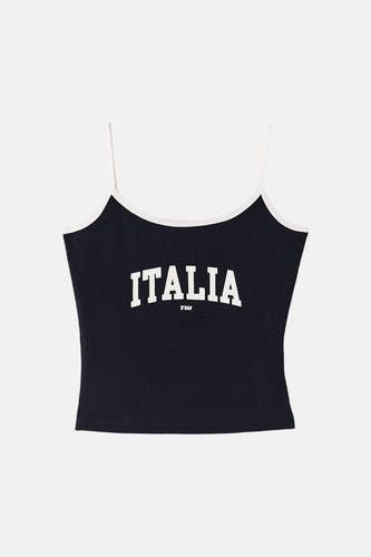 Donkerblauwe spaghettibandjes top met witte rand en "ITALIA" print van TALLY WEIJL, voorzien van kleine TW logo, front view