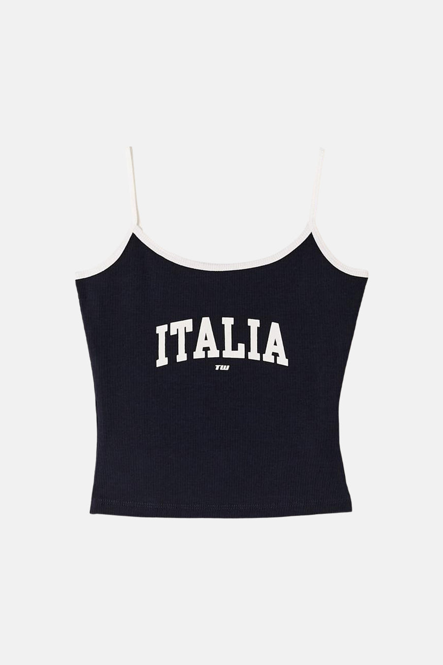 Donkerblauwe spaghettibandjes top met witte rand en "ITALIA" print van TALLY WEIJL, voorzien van kleine TW logo, front view