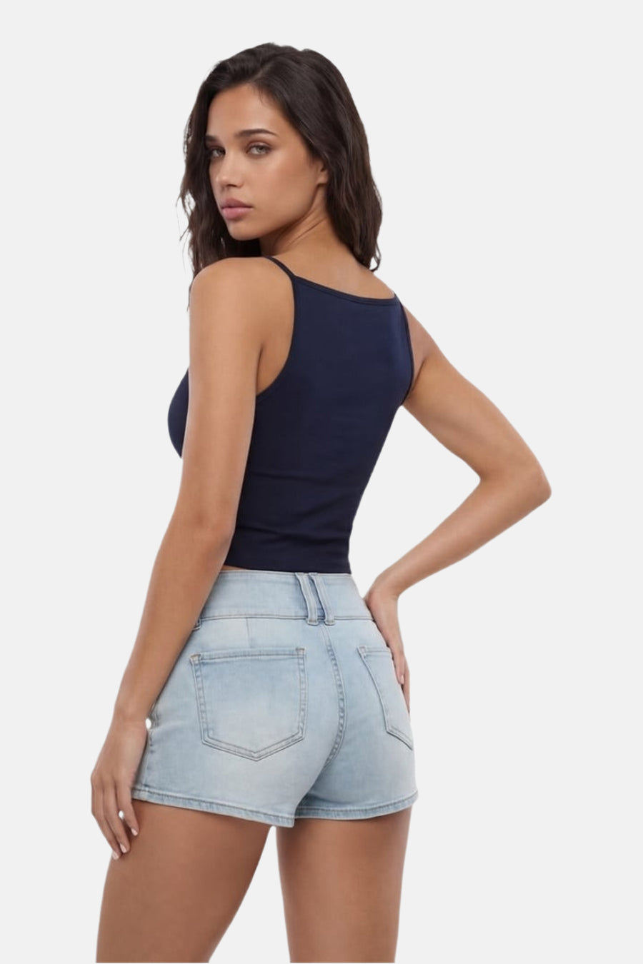 Donkerblauwe mouwloze top van TALLY WEIJL, strak model, rugzijde, met lichte jeansshorts