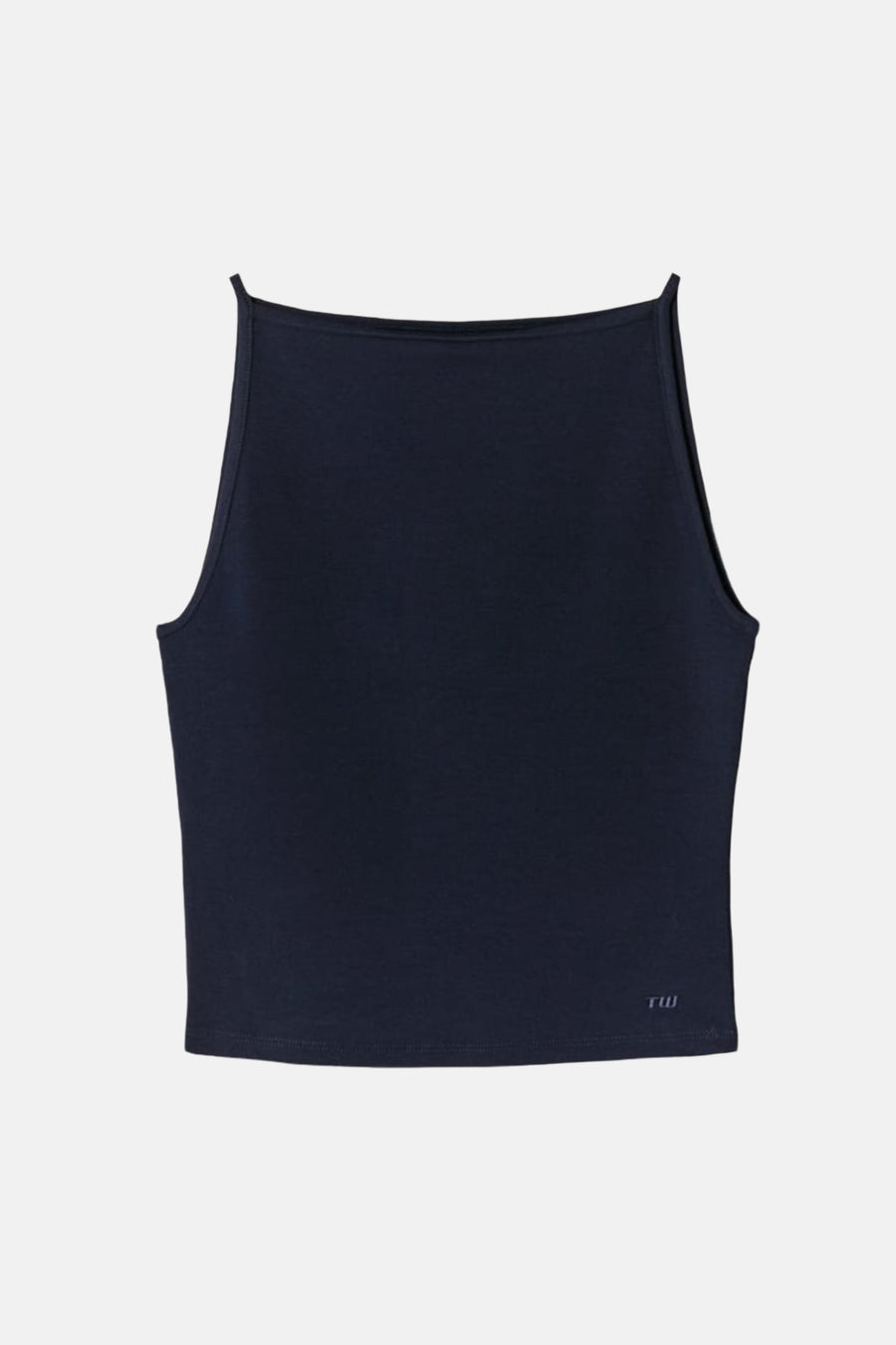 Donkerblauwe mouwloze top van TALLY WEIJL, strakke pasvorm, gladde stof, klein logo aan de zoom, vooraanzicht