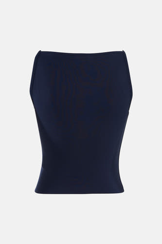 Donkerblauwe mouwloze top van TALLY WEIJL, strakke pasvorm, ribstructuur, front view