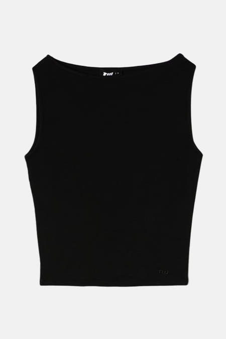 Zwarte mouwloze top van TALLY WEIJL, effen kleur met een subtiel logo rechtsonder.
