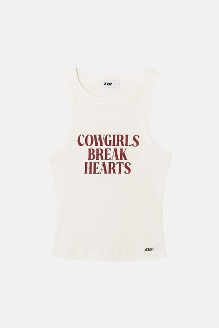 Witte tanktop met rode tekst "COWGIRLS BREAK HEARTS" van TALLY WEIJL, ribbelstructuur, ronde hals, front view