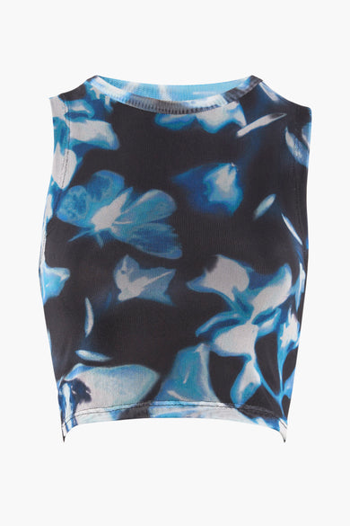 Multicolor mouwloze top van TALLY WEIJL met blauw-wit bloemenprint, strakke pasvorm en ronde halslijn