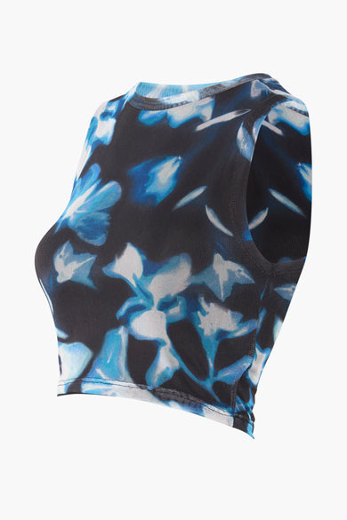 Multicolor mouwloze top met blauw-wit bloemenprint van TALLY WEIJL, strakke pasvorm, zijwaarts geknipt