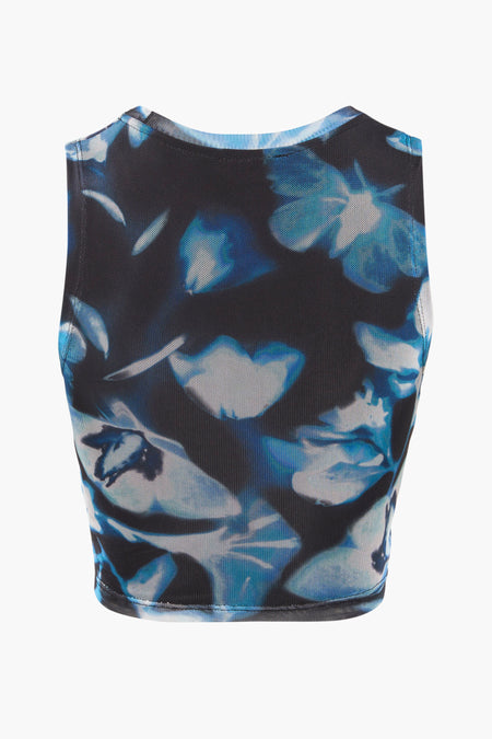 Multicolor mouwloze top met blauw-wit bloemenprint van TALLY WEIJL, strakke pasvorm, rugzijde weergegeven
