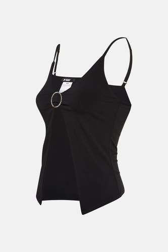 Zwarte top met spaghettibandjes van TALLY WEIJL, met decoratieve ring en een asymmetrische zoom.