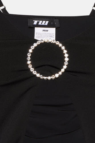 Zwarte top met spaghettibandjes van TALLY WEIJL, met strass-detail en een uitgesneden detail.
