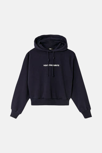 Pull-over bleu avec capuche de TALLY WEIJL, avec cordon et texte blanc sur l'avant.