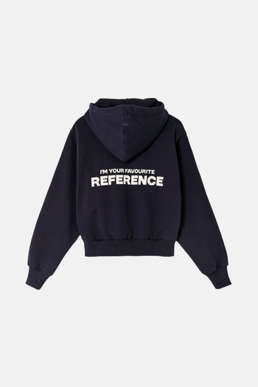 Blauwe sweater met kap van TALLY WEIJL, met witte letters op de rug.