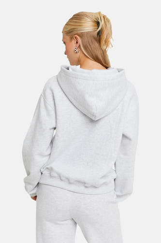 Grijze gilet van TALLY WEIJL met capuchon en lange mouwen, gezien van achteren.