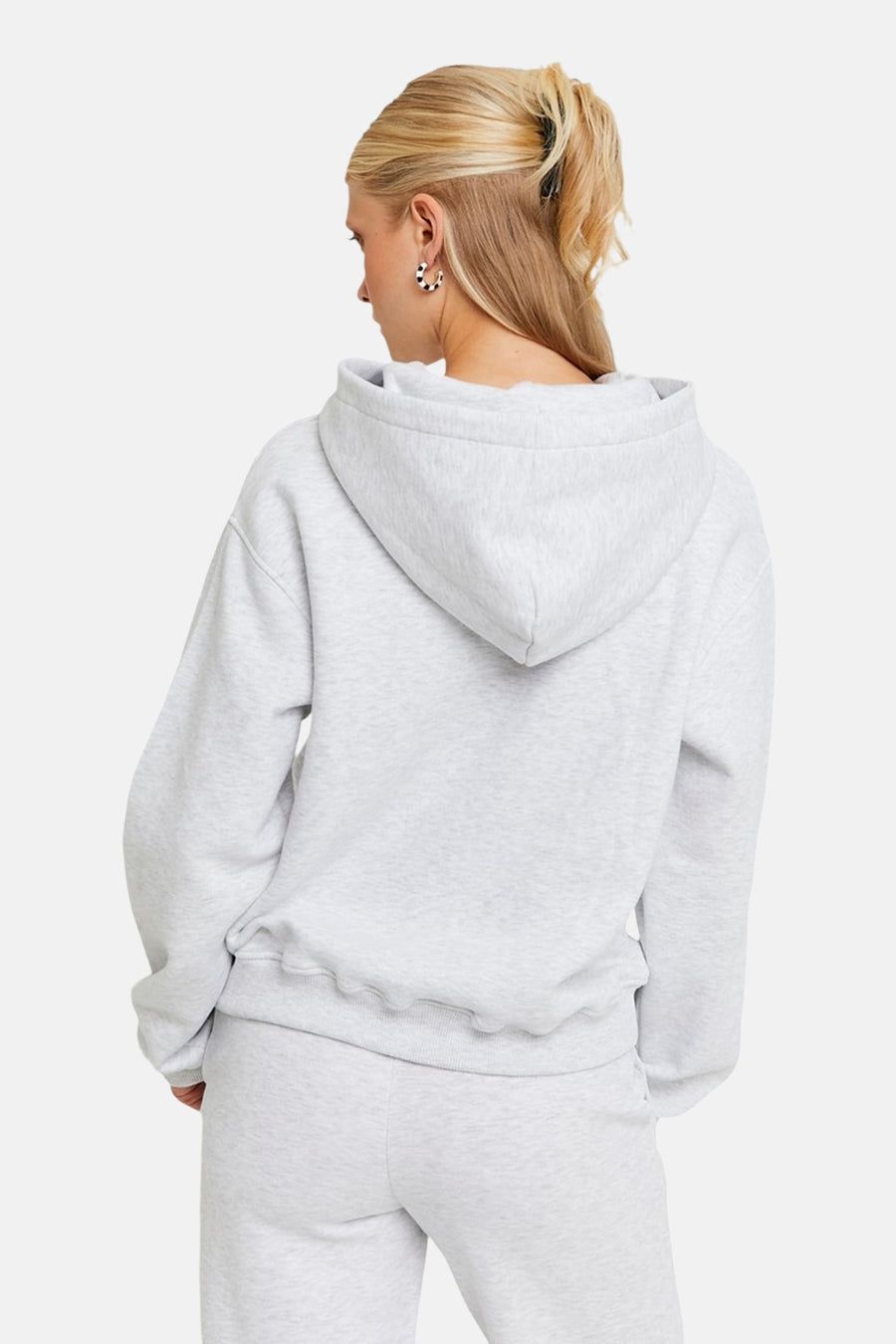 Grijze gilet van TALLY WEIJL met capuchon en lange mouwen, gezien van achteren.