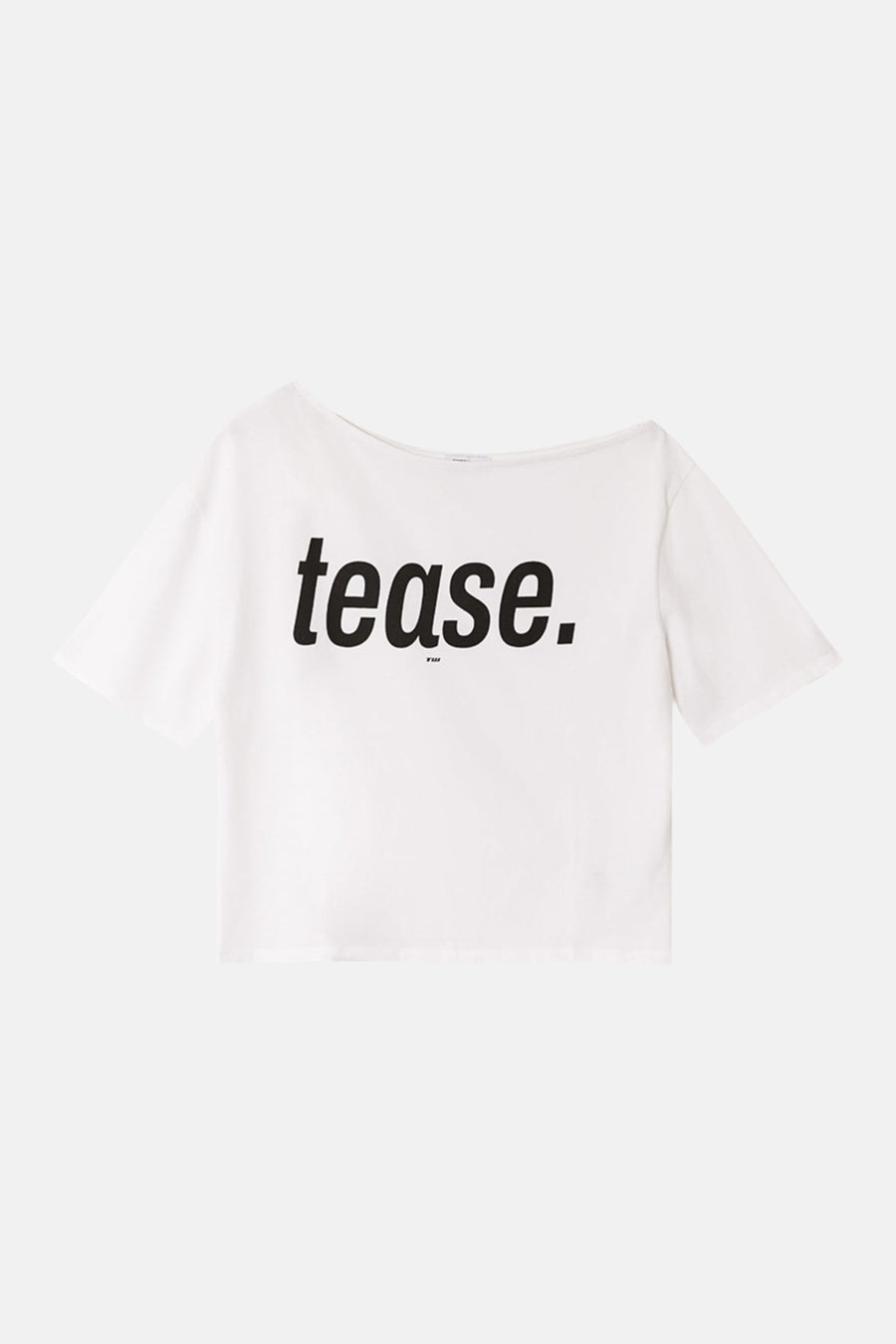 Witte korte mouw T-shirt met zwarte tekst "tease." van TALLY WEIJL, voorzien van ronde hals en losse pasvorm, platte weergave.