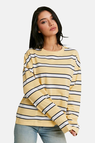 T-shirt à manches longues jaune de TALLY WEIJL, avec des rayures horizontales noires et blanches.
