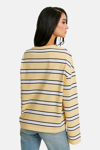 T-shirt à manches longues jaune de TALLY WEIJL, avec des rayures horizontales noires et blanches.