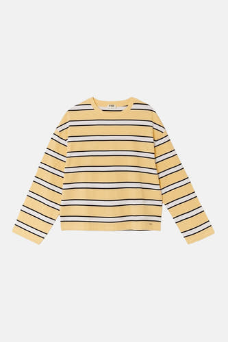 T-shirt à manches longues jaune de TALLY WEIJL, avec des rayures horizontales noires et blanches.