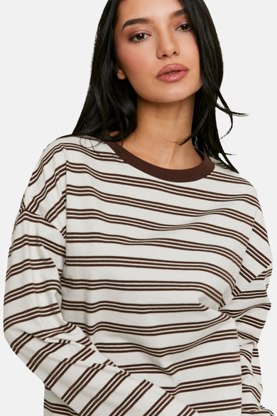 Multicolor T-shirt met lange mouwen van TALLY WEIJL, met bruine strepen en ronde halslijn.
