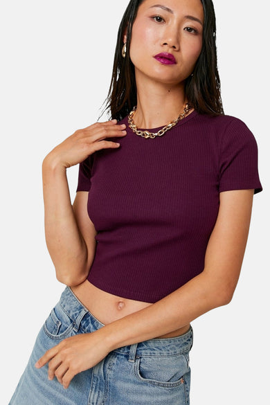 Paars T-shirt met korte mouwen van TALLY WEIJL, met een ribstructuur en een gouden ketting.