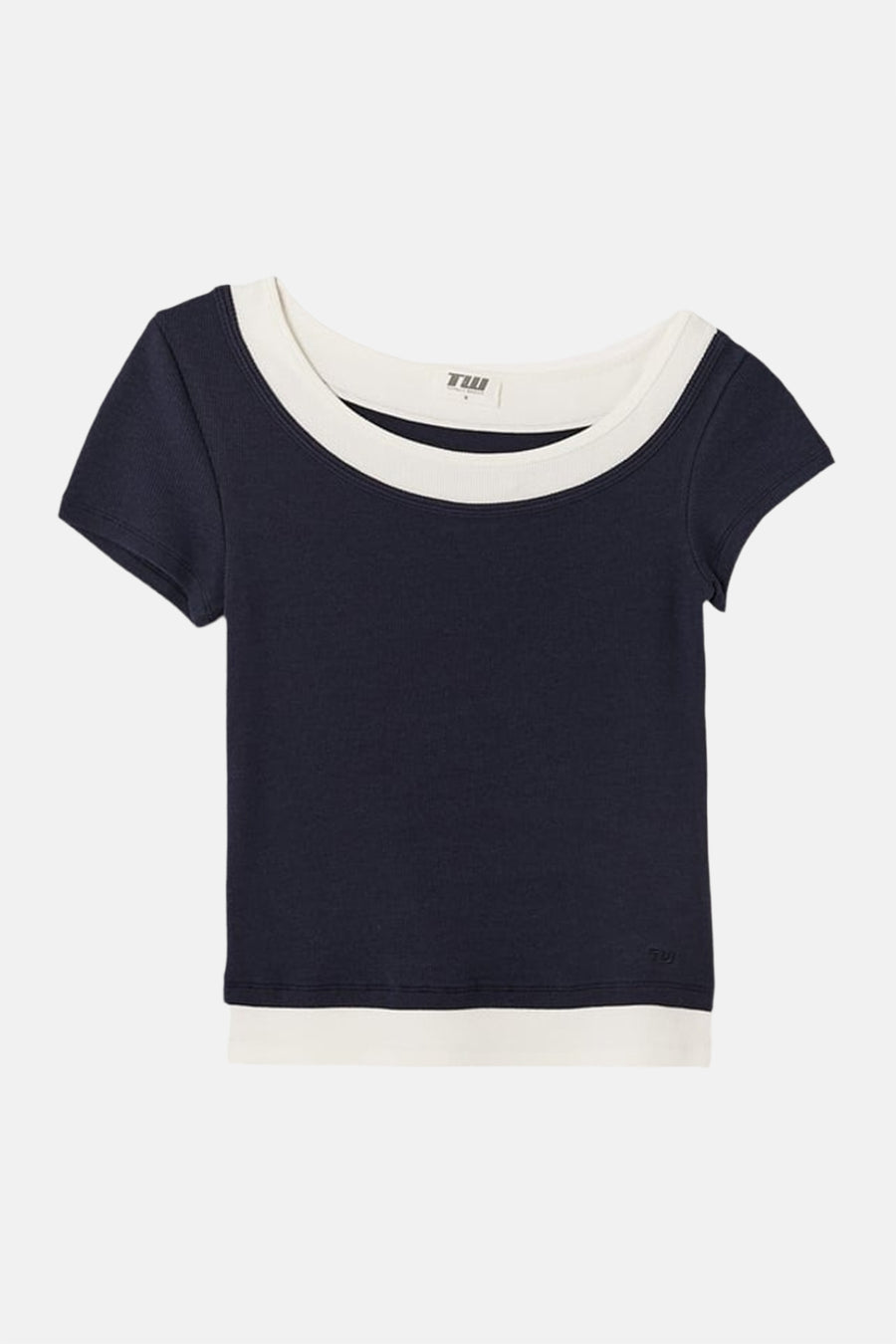 T-shirt bleu à manches courtes avec bords côtelés crème de TALLY WEIJL, avec un col rond large et un ourlet superposé.