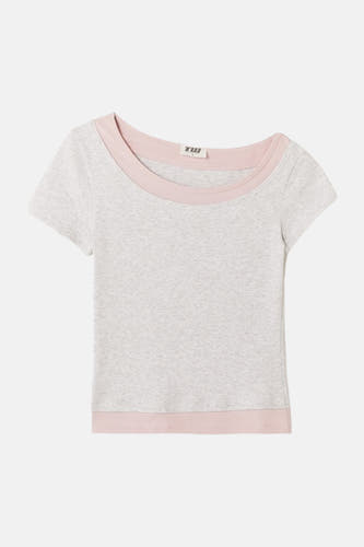 Grijs mêlee T-shirt met korte mouwen van TALLY WEIJL, met roze boorden, boothals en klein TW-label in de nek.