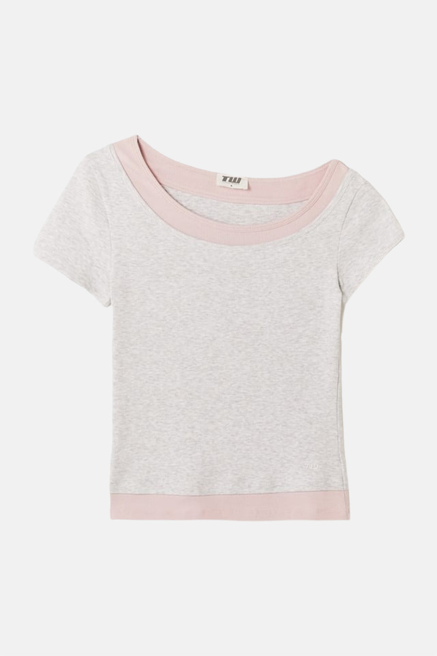 Grijs mêlee T-shirt met korte mouwen van TALLY WEIJL, met roze boorden, boothals en klein TW-label in de nek.