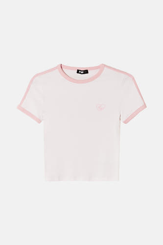 Wit T-shirt met korte mouwen van TALLY WEIJL, afgewerkt met roze details en een hartvormige print.
