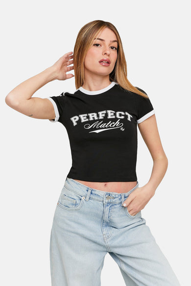Zwart T-shirt met korte mouwen van TALLY WEIJL, met witte randen en "Perfect Match" tekst.