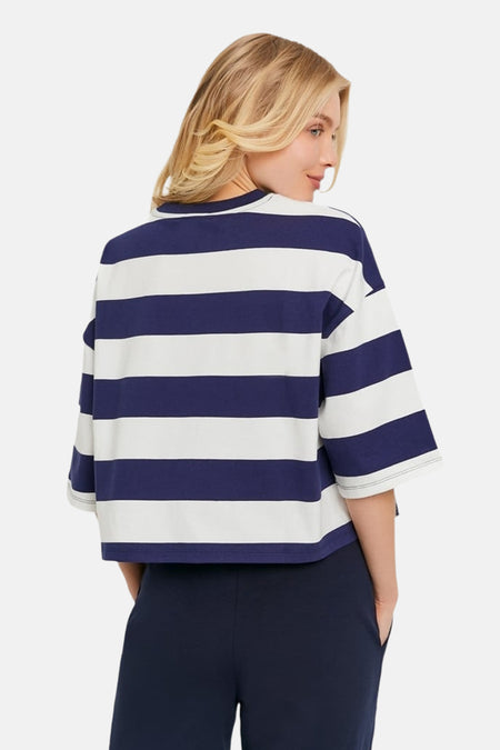 T-shirt rayé bleu et blanc de TALLY WEIJL, coupe ample, modèle court avec manches trois quarts, vu de dos.