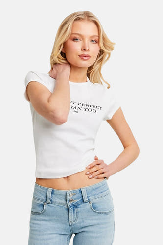 T-shirt blanc à manches courtes de TALLY WEIJL, coupe courte et imprimé.