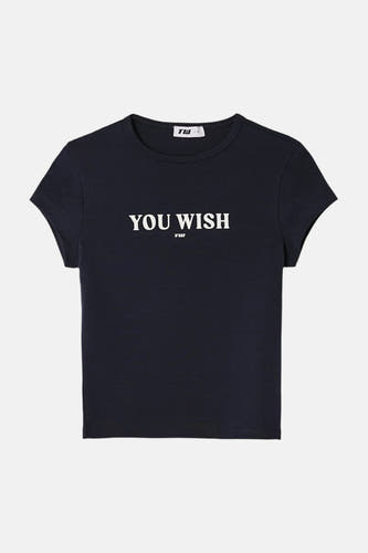 Blauw T-shirt met korte mouwen van TALLY WEIJL met witte 'YOU WISH' print en klein TW logo.