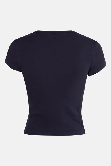 Blauw T-shirt met korte mouwen van TALLY WEIJL, effen en aansluitend model, gezien vanaf de achterkant.
