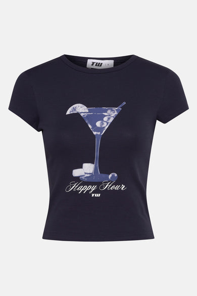 Blauw T-shirt met korte mouwen van TALLY WEIJL, met opdruk van een cocktailglas en de tekst "Happy Hour".

