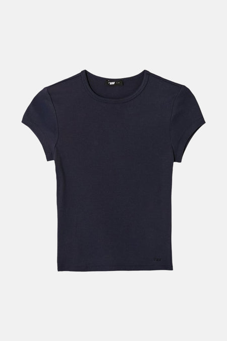 Blauw T-shirt met korte mouwen van TALLY WEIJL, met ronde hals, een aansluitende pasvorm en klein logo op de zoom.