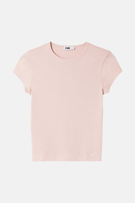 Roze T-shirt van TALLY WEIJL met korte mouwen, ronde hals en een subtiel 'TW' logo linksonder.
