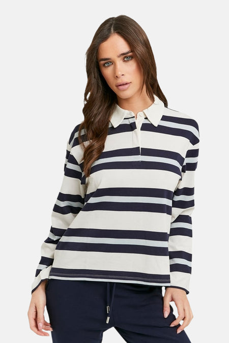 Multikleurige polo met lange mouwen van TALLY WEIJL, met een gestreept patroon en witte kraag.