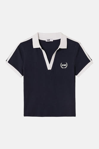 Polo bleu à manches courtes de TALLY WEIJL, avec col blanc, col en V et logo sur la poitrine.