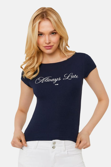 Blauw T-shirt met korte mouwen van TALLY WEIJL met witte 'Always Late' opdruk.