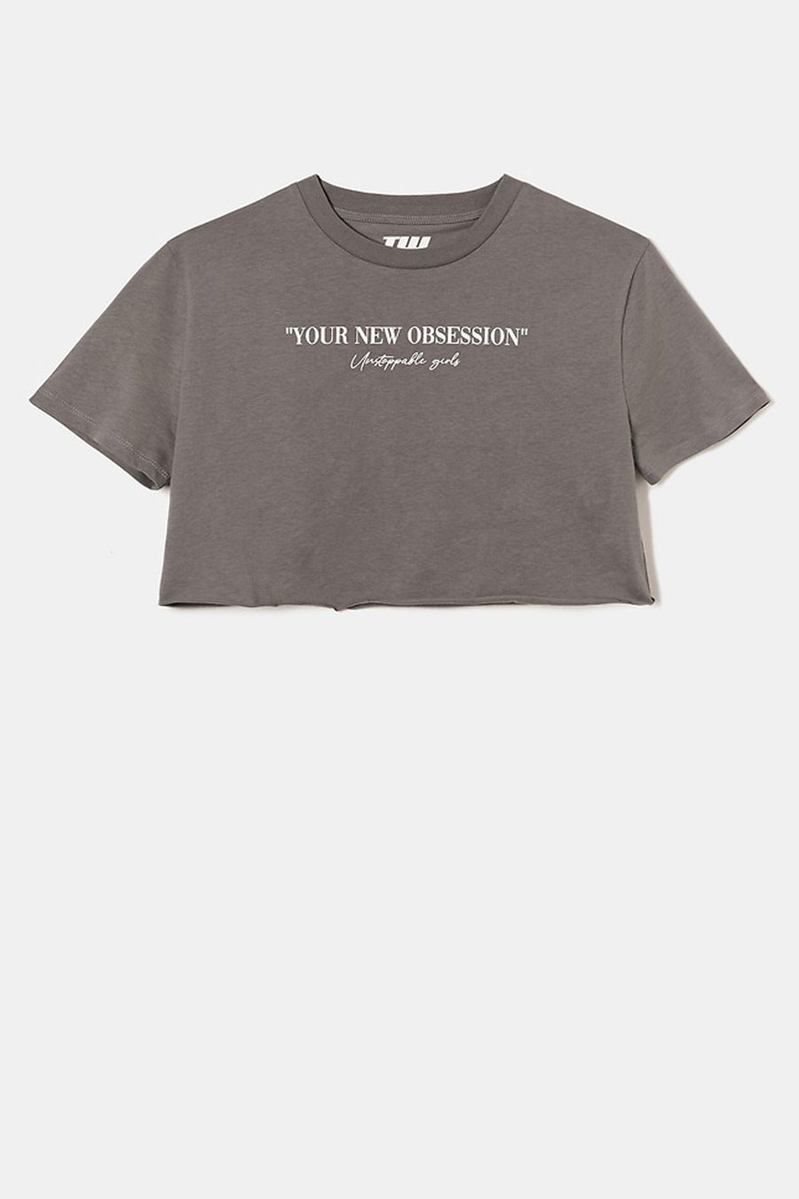 T-shirt gris à manches courtes de TALLY WEIJL, avec une impression de texte blanche et un col en biais.