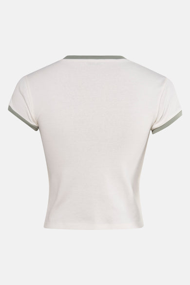 T-shirt écru à manches courtes de TALLY WEIJL, dos, avec une bordure verte le long du col et des manches.