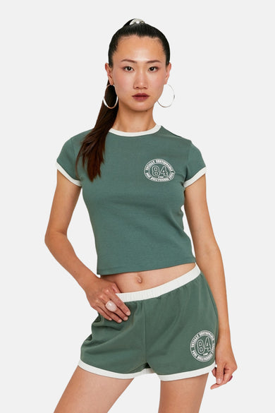 T-shirt vert avec manches courtes de TALLY WEIJL, avec des bretelles blanches et un imprimé sur la poitrine.