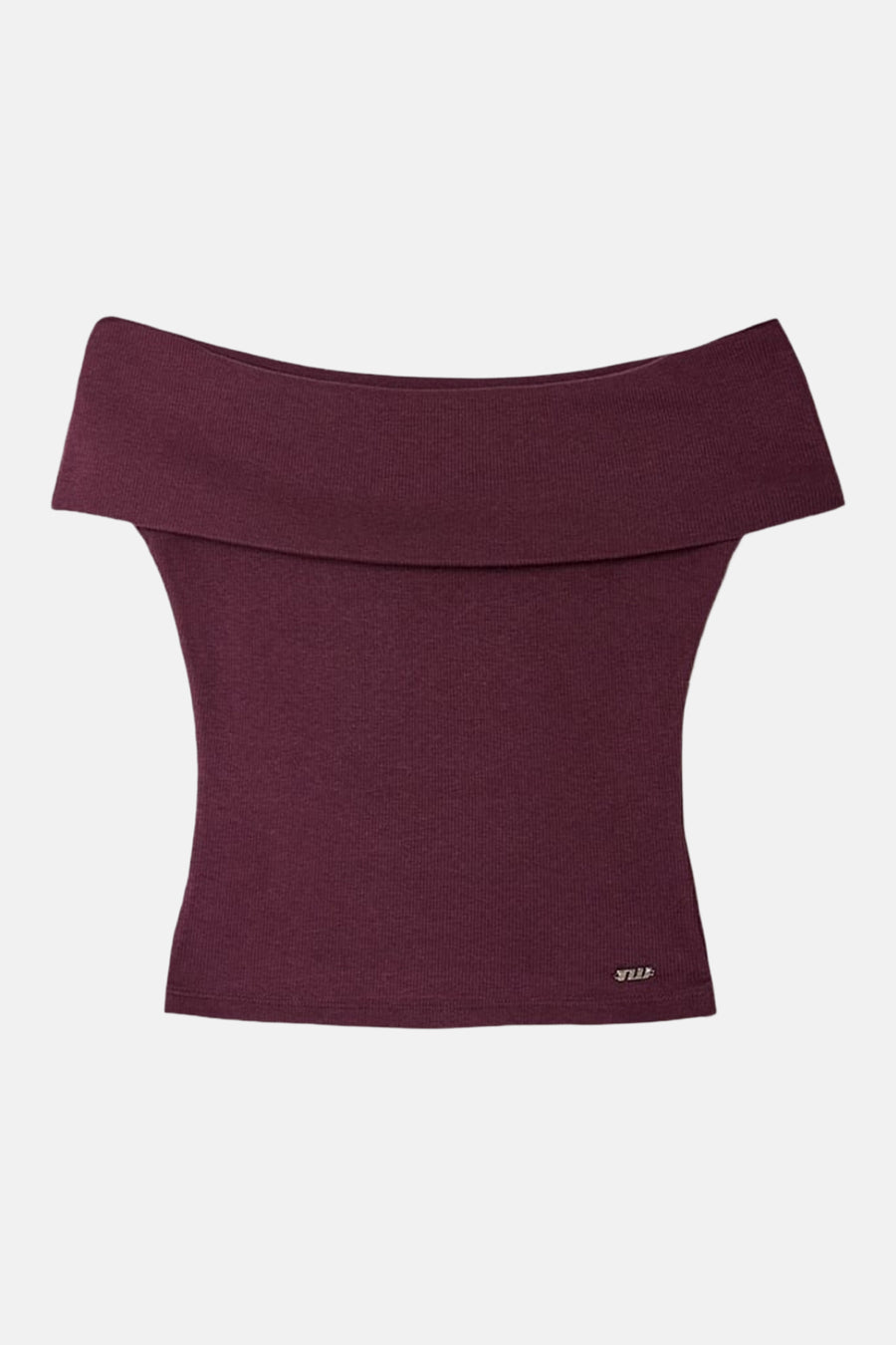 T-shirt violet de TALLY WEIJL avec encolure épaules dénudées, tissu côtelé et logo métallique.