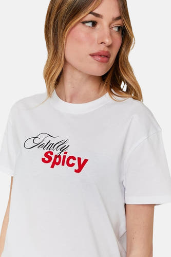 T-shirt blanc à manches courtes de TALLY WEIJL, avec une impression du texte 'Totally Spicy'.