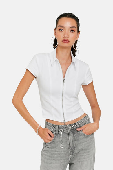 Witte blouse met korte mouwen van TALLY WEIJL, met een ritssluiting aan de voorkant.