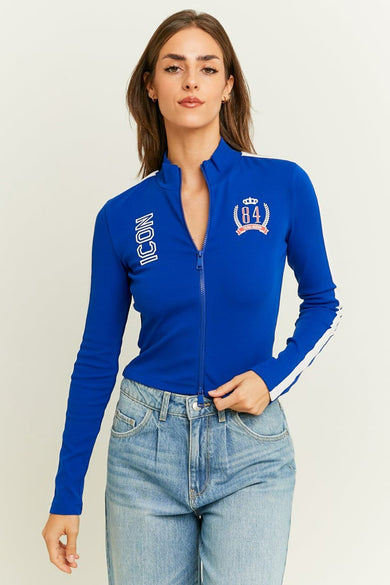 Blauw T-shirt met lange mouwen van TALLY WEIJL, met ritssluiting en witte strepen op de mouwen.