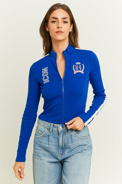Blauw T-shirt met lange mouwen van TALLY WEIJL, met 'ICON' op de mouw en een embleem op de borst.
