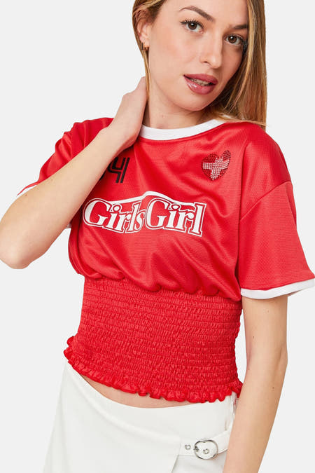 Rood T-shirt met korte mouwen van TALLY WEIJL, met witte details, "Girls Girl" tekst en geplooide tailleband.
